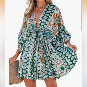 Cupshe Green Floral Boho Mini Dress with Orange Accents